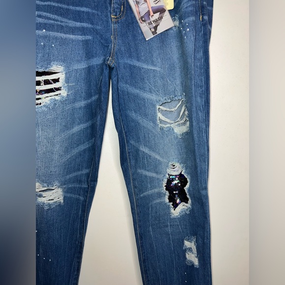 Rewash Brand Ultra Stretch Classic Rise Denim Jeans Sequin Patches Sz 17/33 - Picture 4 of 11